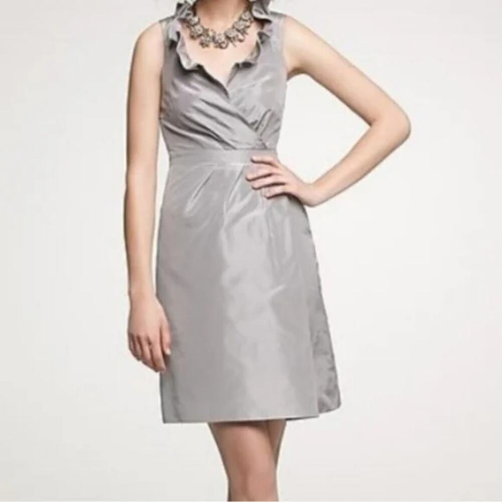 J.Crew 100% Silk Taffeta Pewter Sleeveless Ruffle Neck Dress Sz 4 Formal Holiday